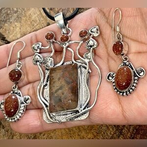 Sandstone & Dragon Bloodstone Pendant & Earrings